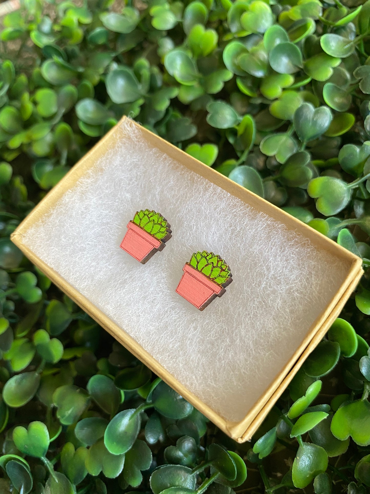 Succulent Earrings - Detailed Hand Painted Bamboo Earrings - Packaged in Recycled Branded Cardboard Gift Box - Available in 3 Stunning Colours.