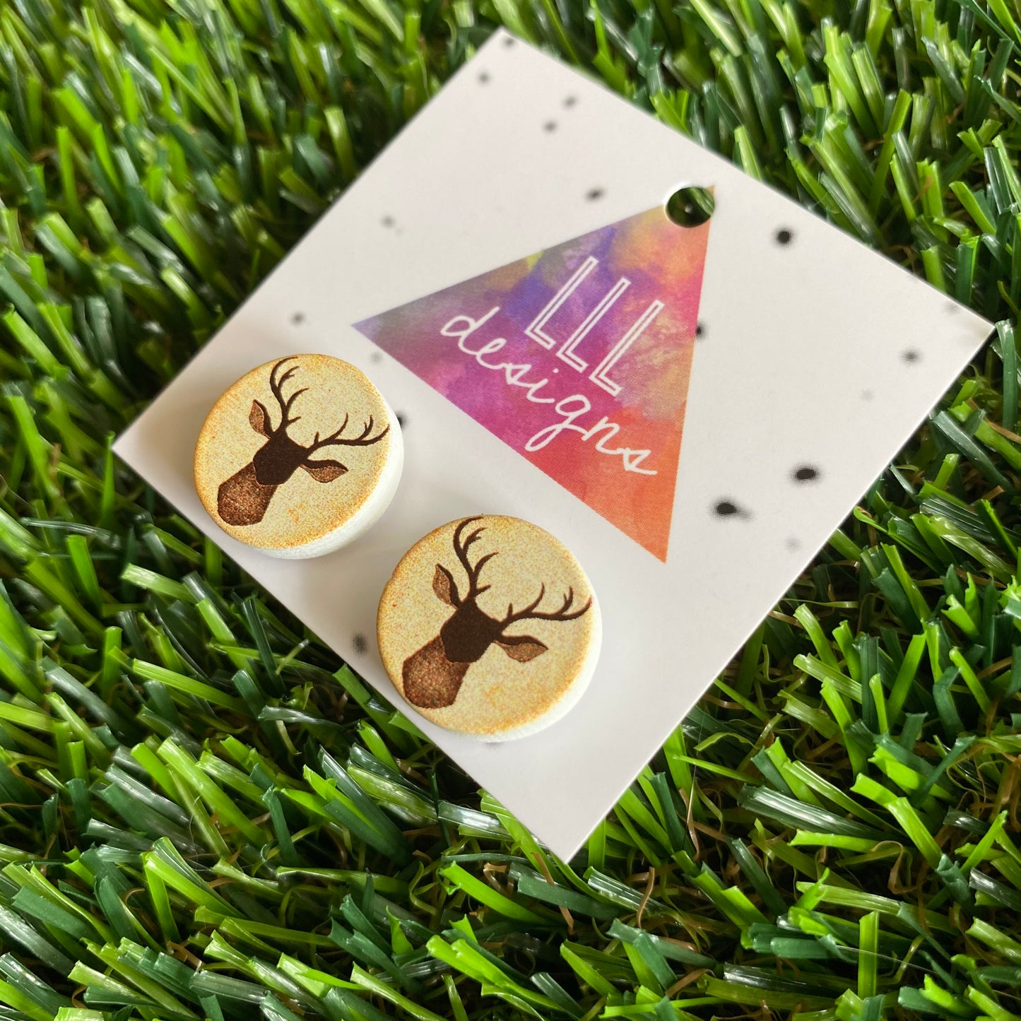 Stag Head - Deer Head Printed Timber Stud Earrings.