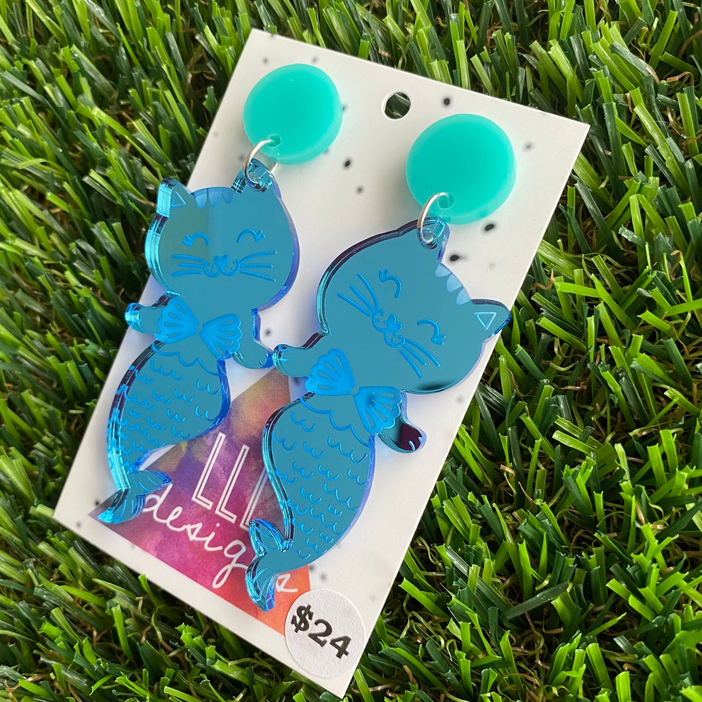 Magical Mirror Blue Purmaid Dangle Earrings - Mermaid Kitty Cats