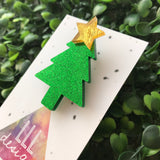 Glitter Green Christmas Tree Brooch with Gold Star Topper.