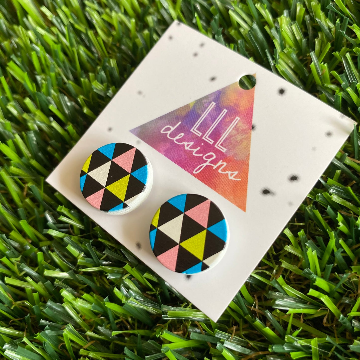 Multi-Coloured Pastel and Black Triangle Geo Printed Timber Stud Earrings.