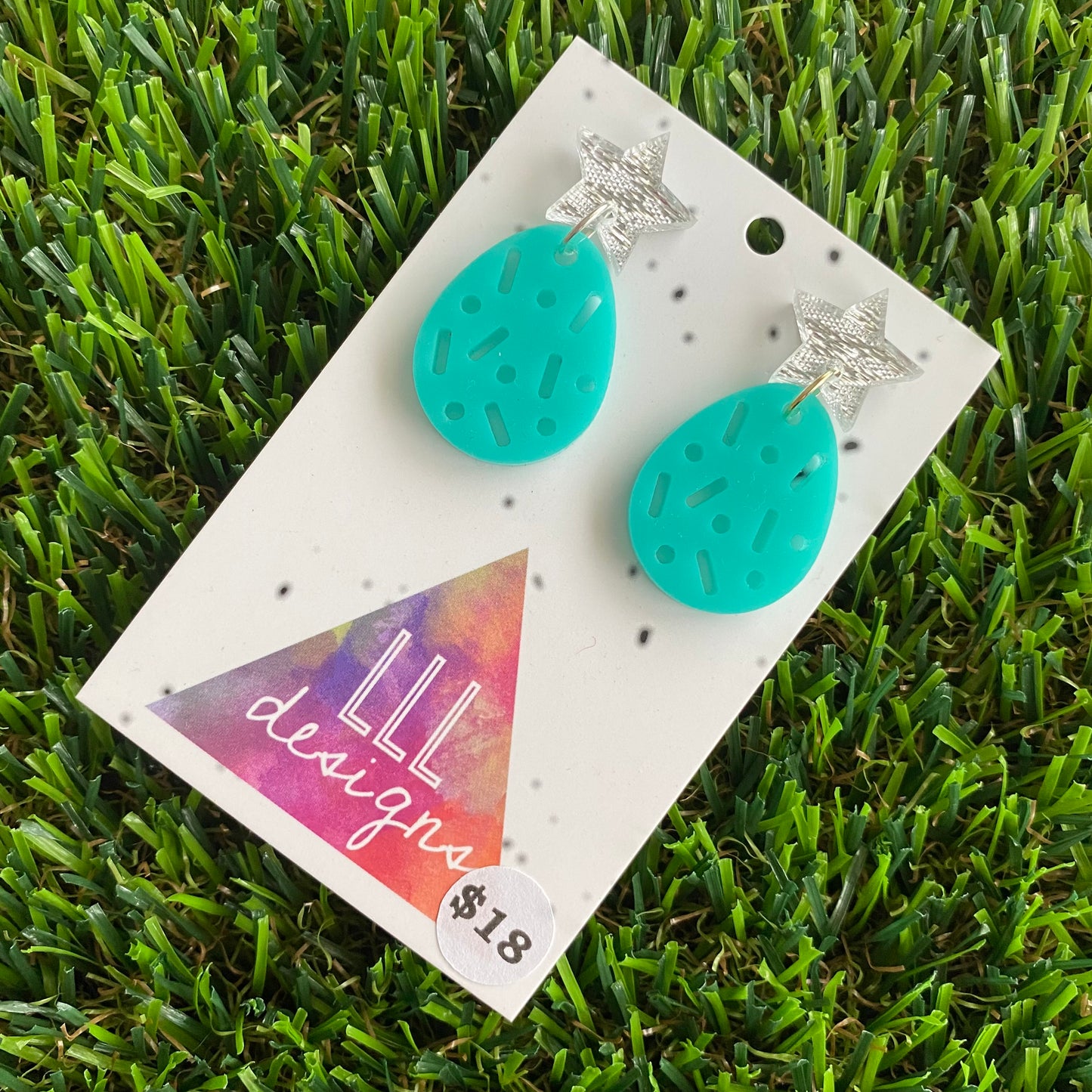 Mint Lush Drop Dangle Earrings with Silver Glitz Star Toppers