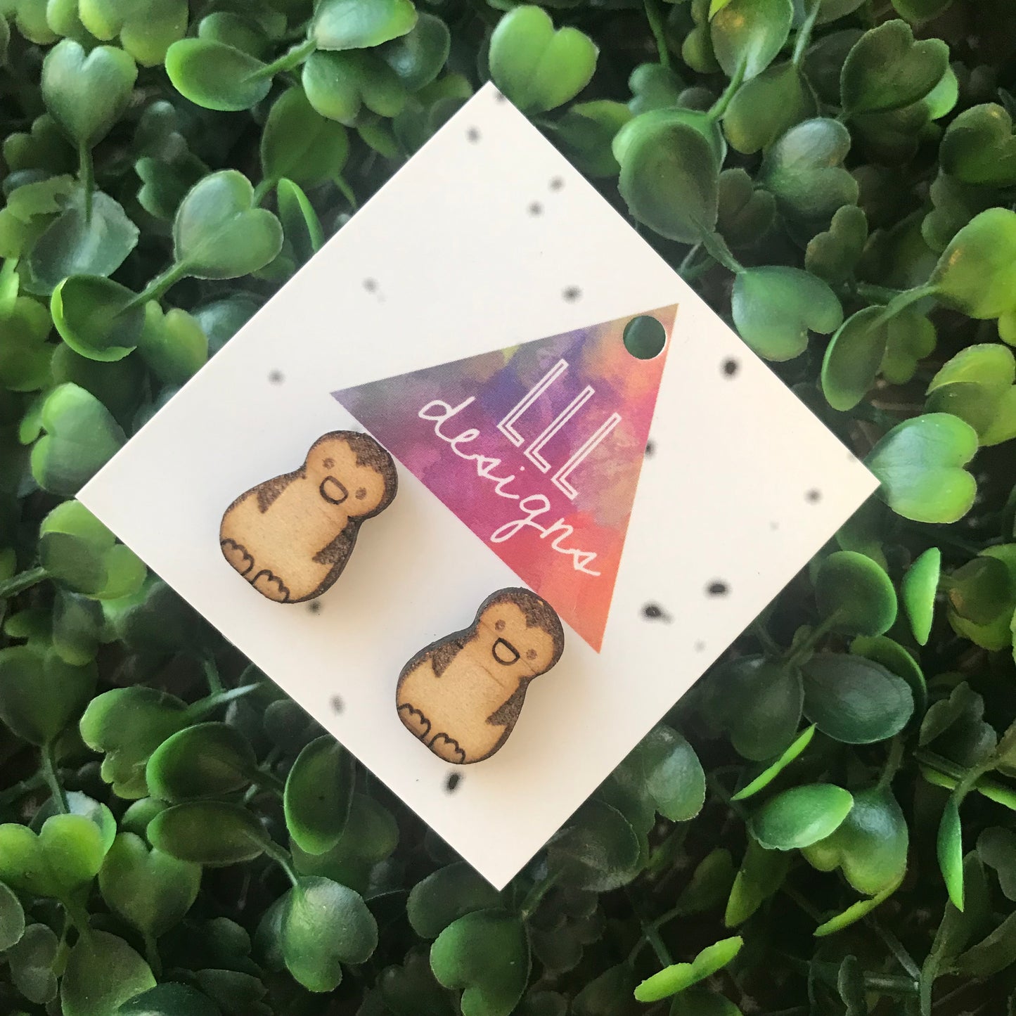 Laser Etched Timber Penguin Stud Earrings.