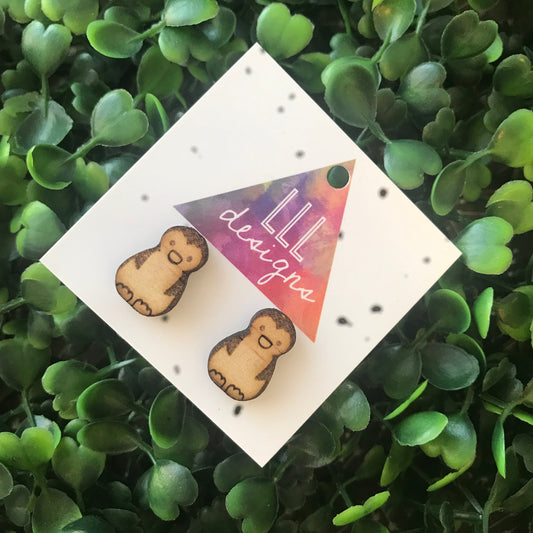 Laser Etched Timber Penguin Stud Earrings.