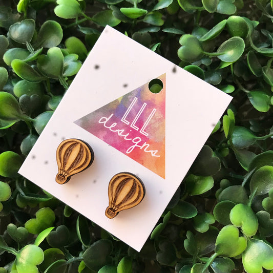 Laser Etched Timber Hot Air Balloon Stud Earrings.