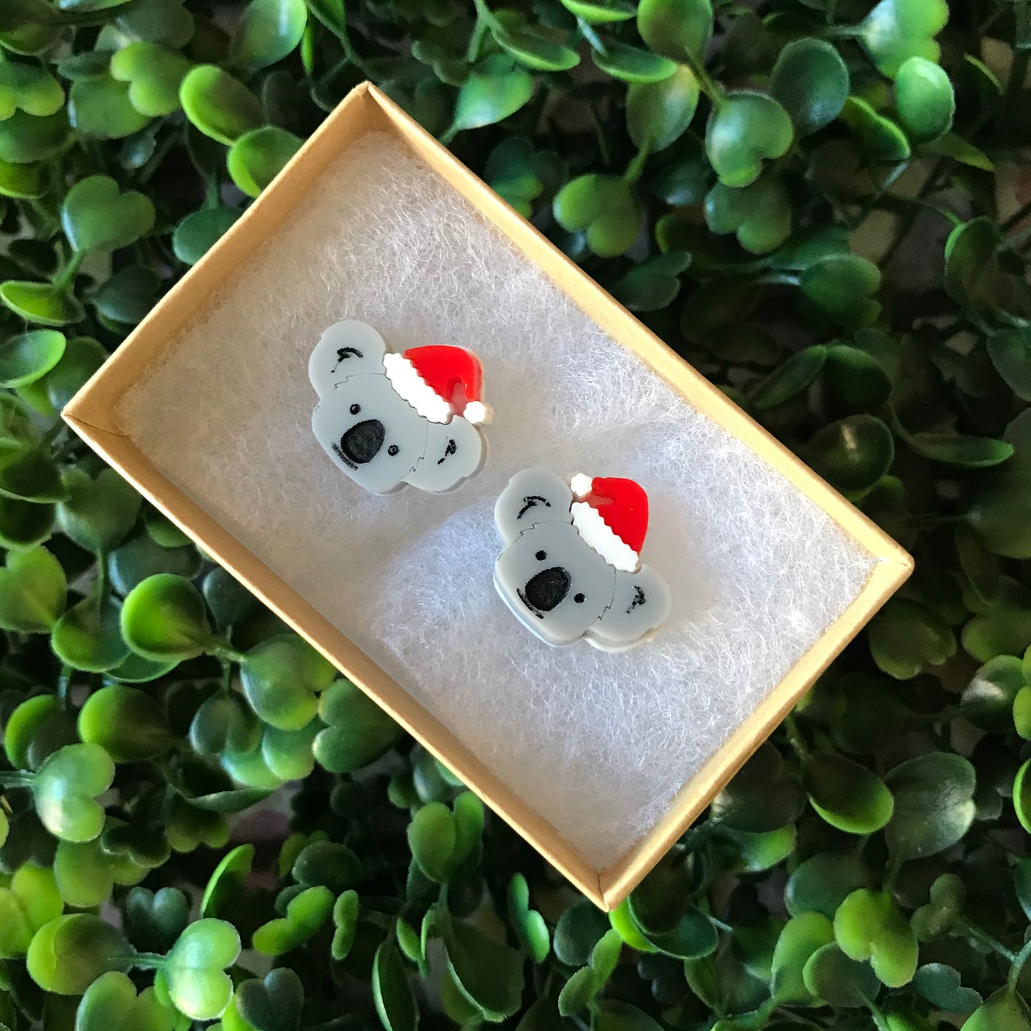 Australian Christmas Koala Stud Earrings - Detailed Tiny Layered Acrylic Koala Santa Stud Earrings.