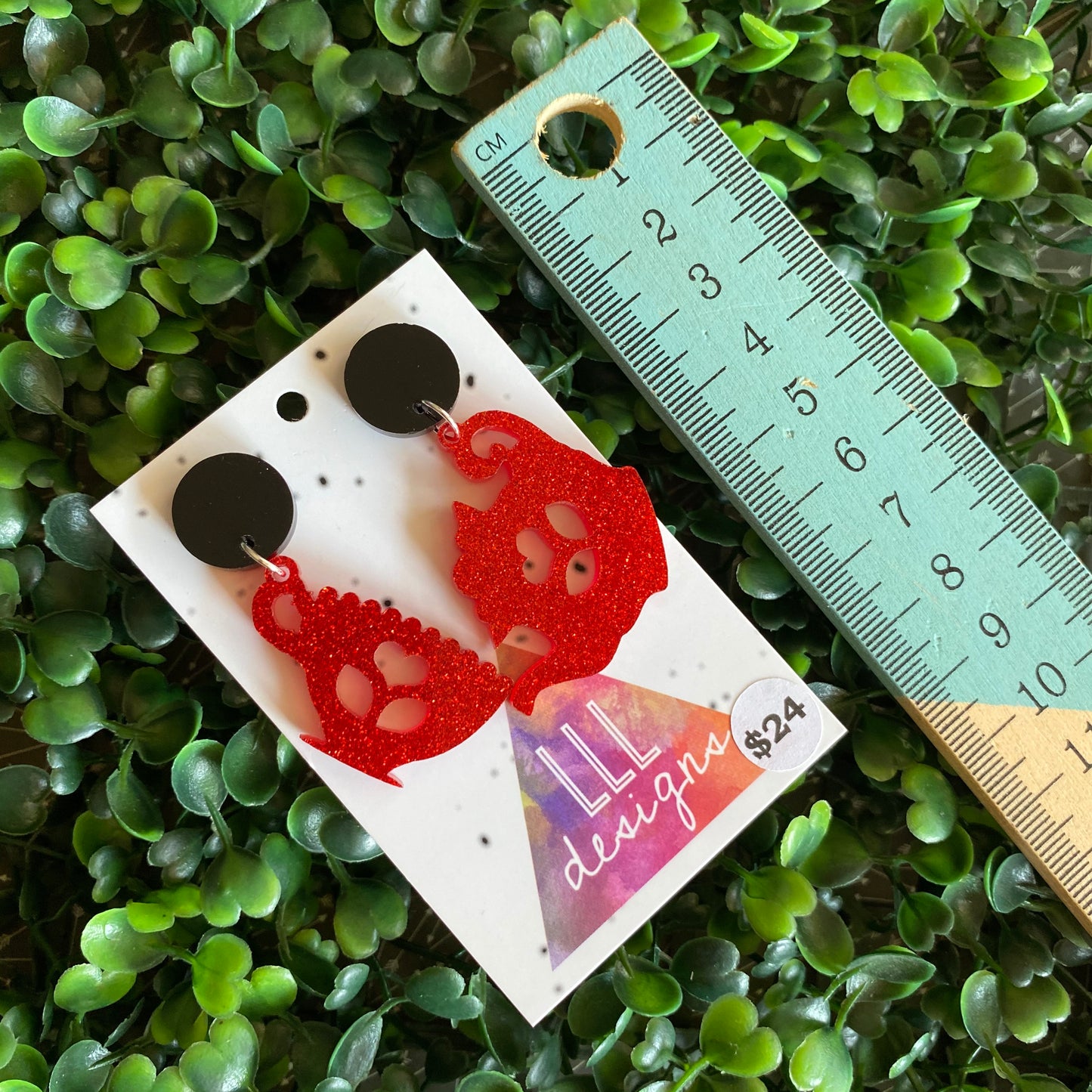 Tea Party Earrings. Glitter Red Tea Cup and Tea Pot Dangle Earrings.