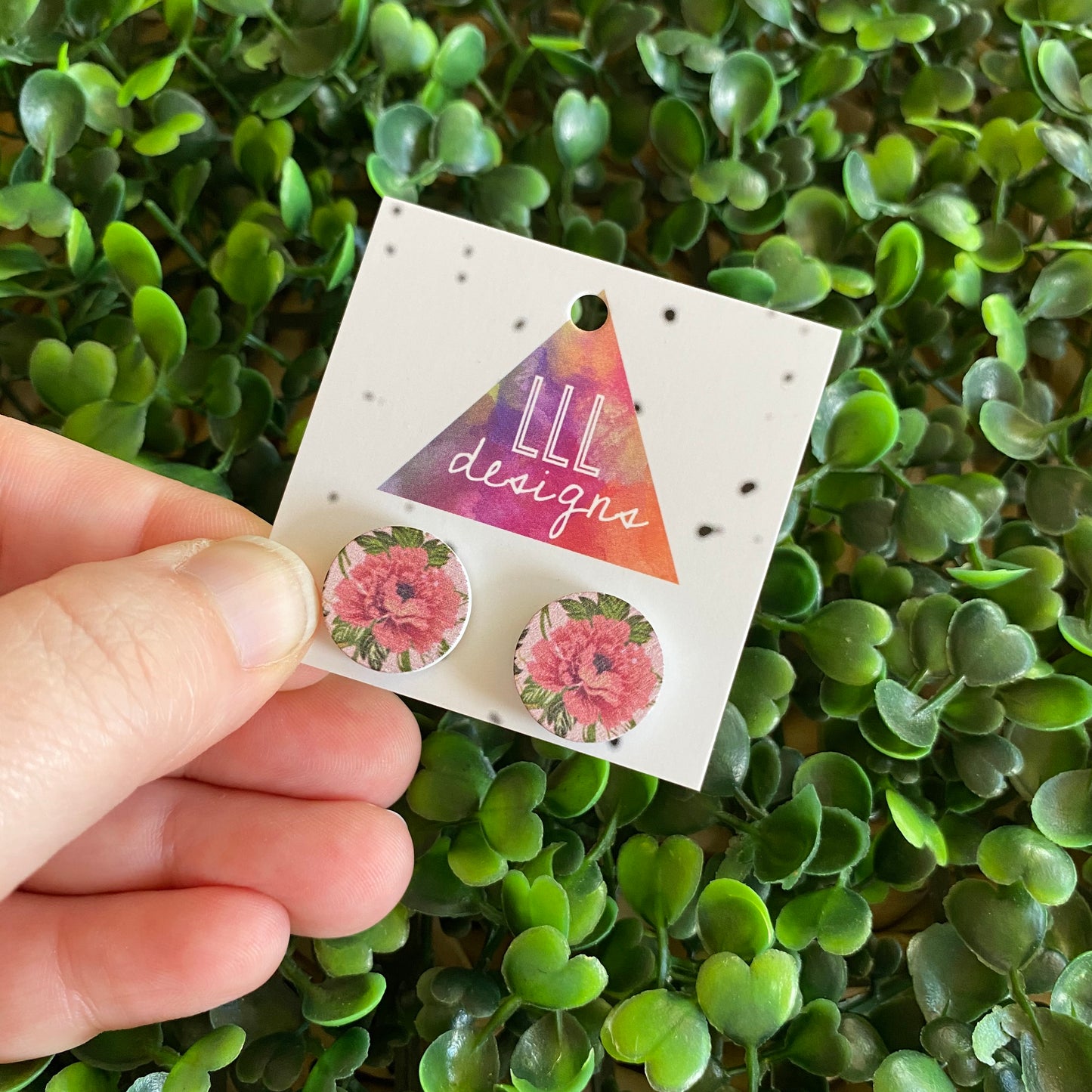 Pink Floral Printed Timber Stud Earrings.