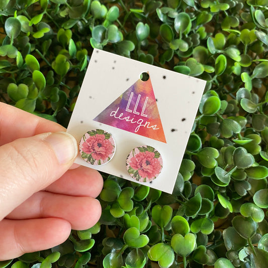 Pink Floral Printed Timber Stud Earrings.
