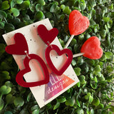 Love Heart - Double Red Mirror Love Heart Statement Dangle Earrings.