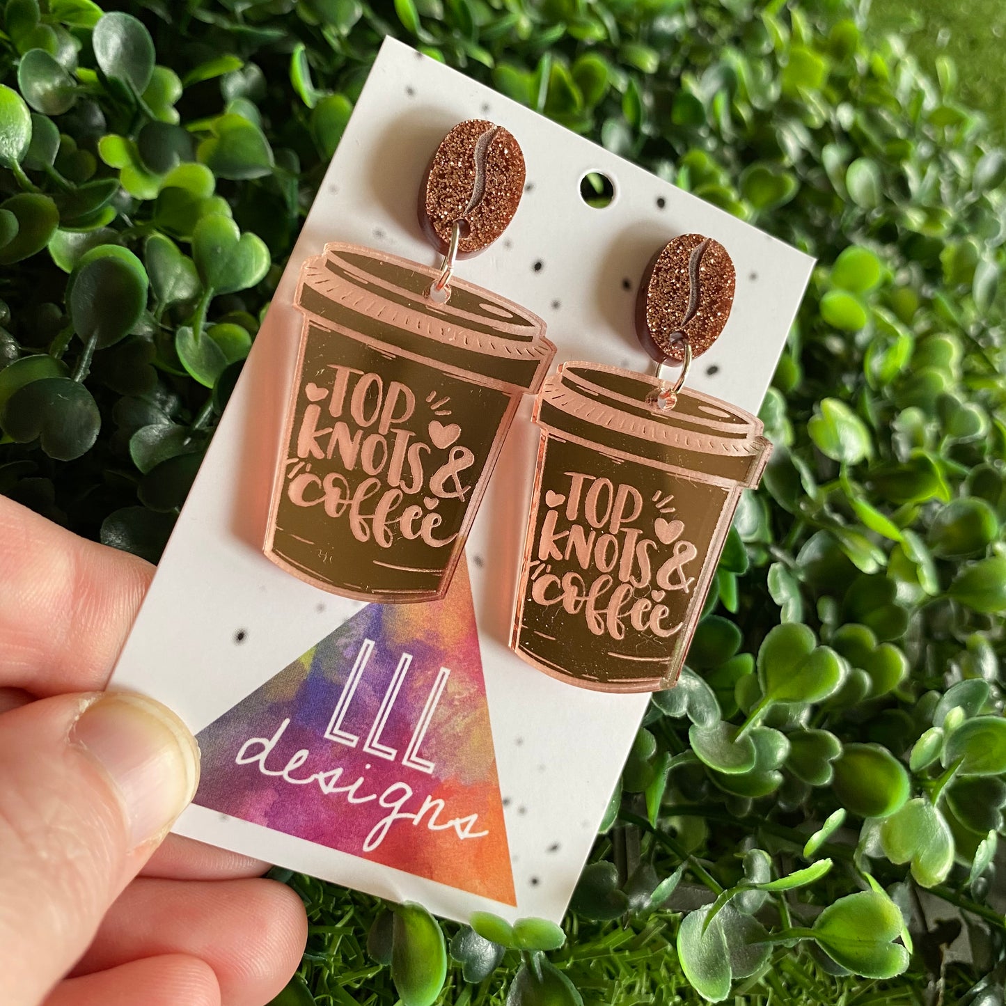 Top Knots & Coffee Statement Dangle Earrings Featuring Copper Glitter Coffee Bean Tops to make them POP!