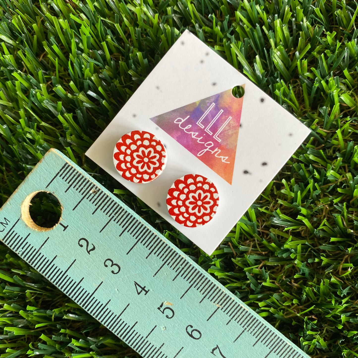 Radiant Red Floral Printed Timber Stud Earrings.
