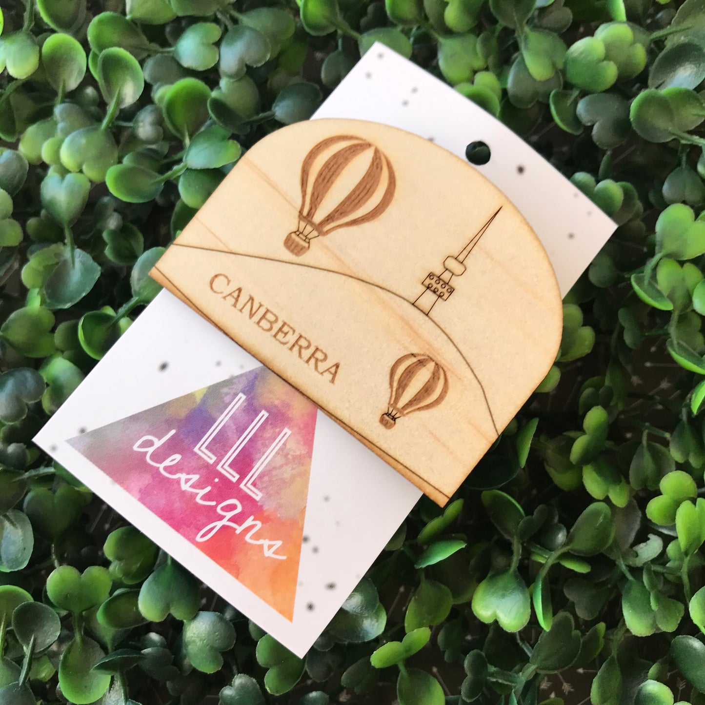 Canberra Black Mountain - Hot Air Balloon Timber Brooch. Telstra Tower Brooch.