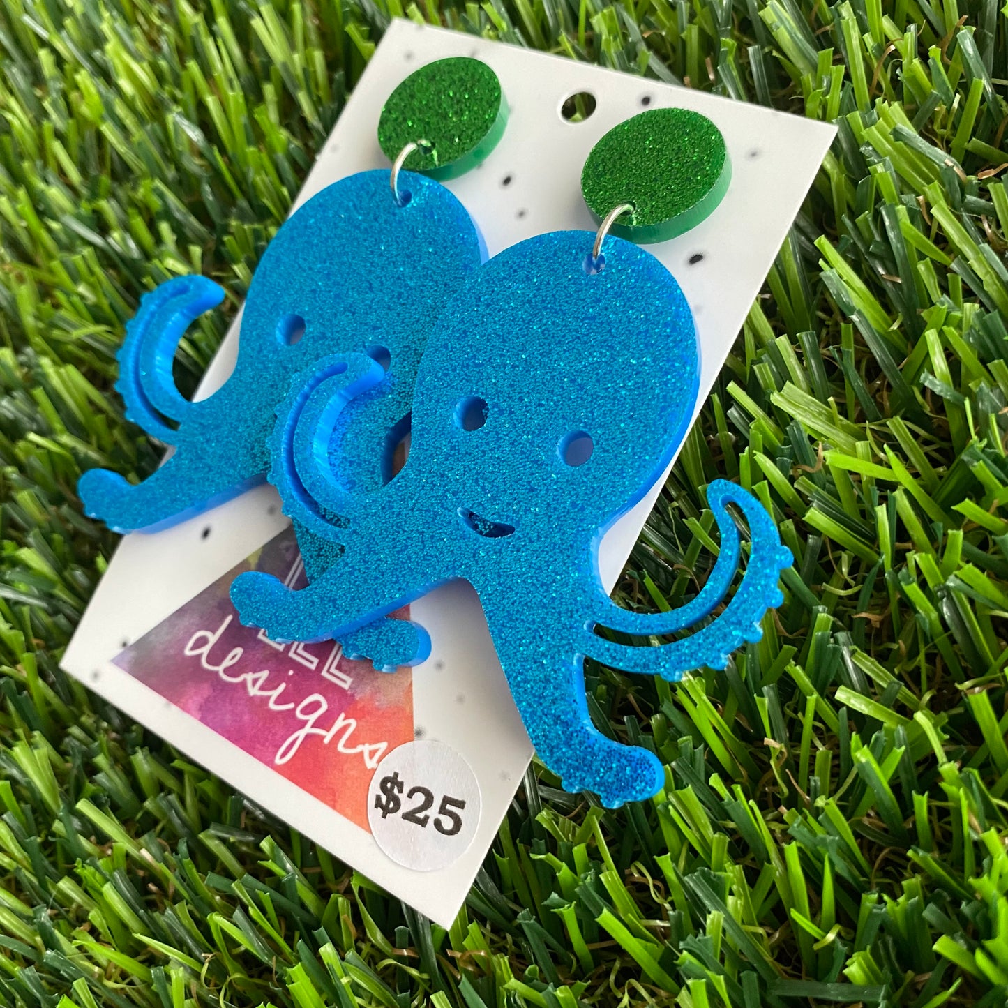 Glitter Blue Mega Octopus Dangle Earrings