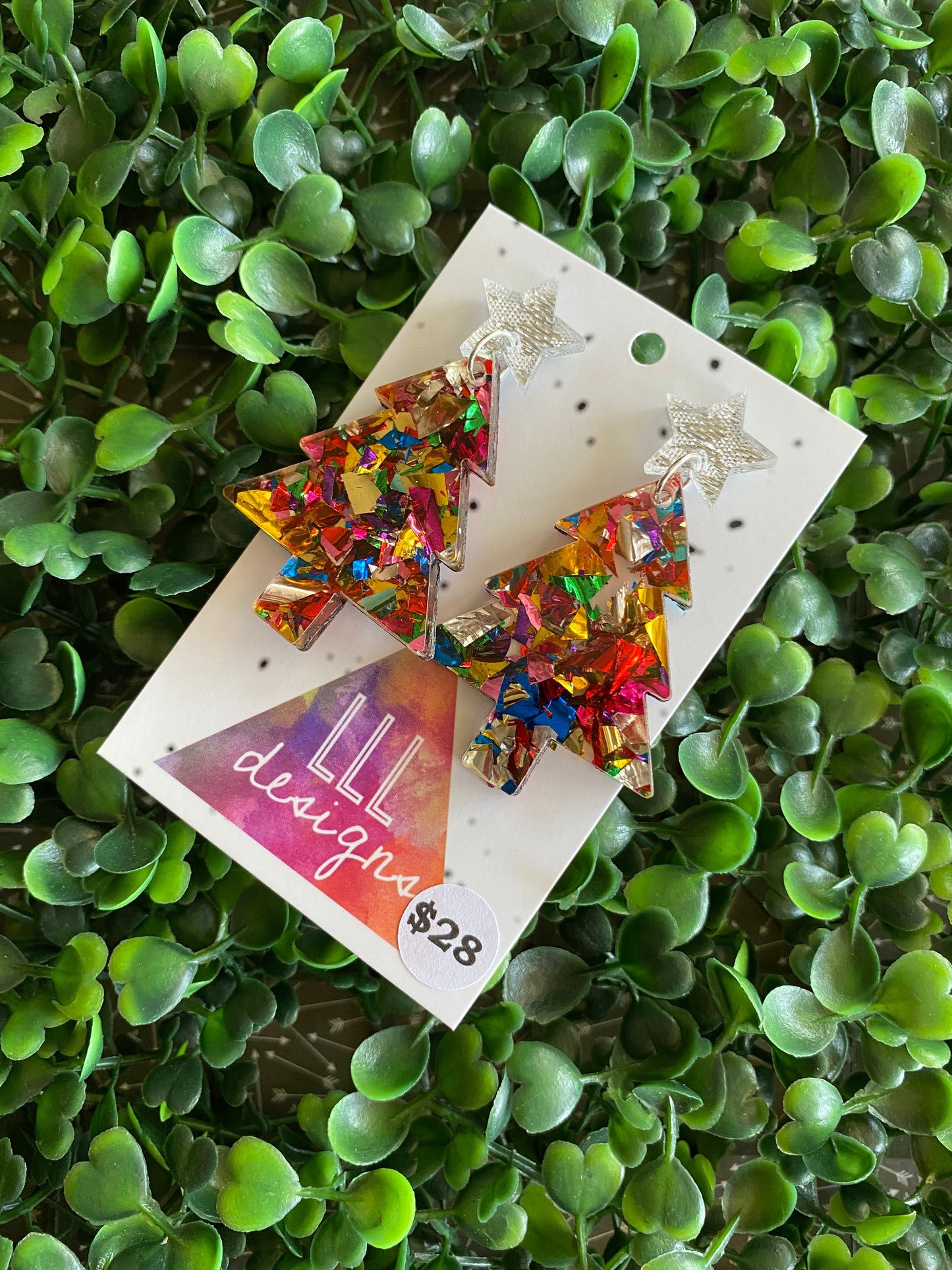 Rainbow Metallic Glitz Christmas Tree Statement Dangle Earrings with Silver Glitz Star Tops. #festiveaf