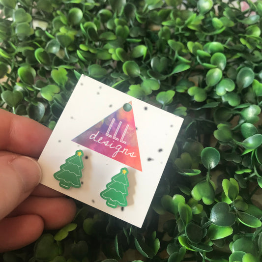 Christmas Tree Stud Earrings with Yellow Star Toppers.