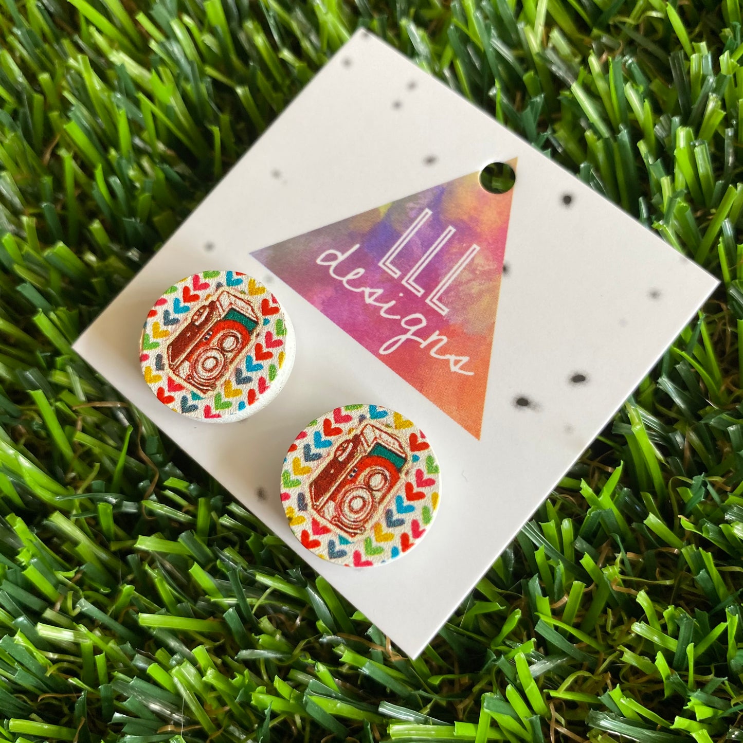 Colourful Vintage Camera - Printed Timber Stud Earrings.