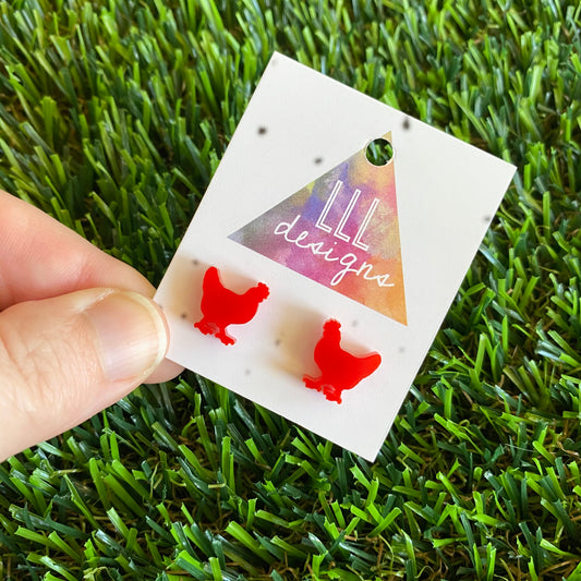 Chicken Earrings - Little Red Hen Acrylic Stud Earrings.