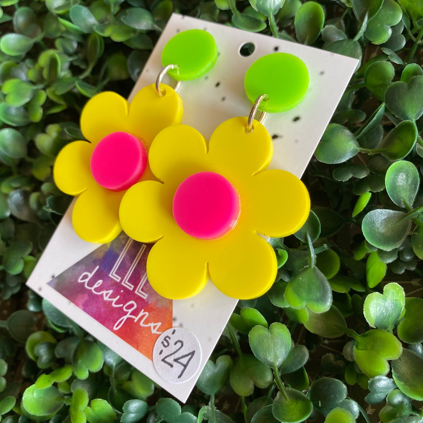 Flower Earrings - Flower Power Statement Dangle Earrings. Fabulous Yellow and Pink Flowers with Green Tops.