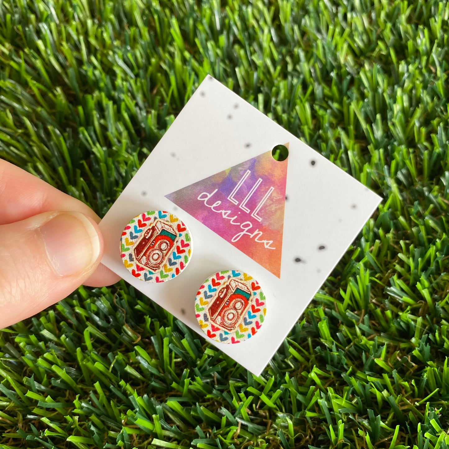 Colourful Vintage Camera - Printed Timber Stud Earrings.