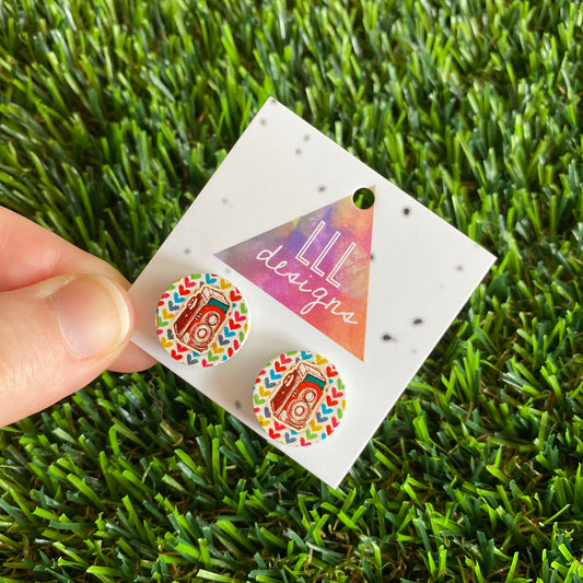 Colourful Vintage Camera - Printed Timber Stud Earrings.