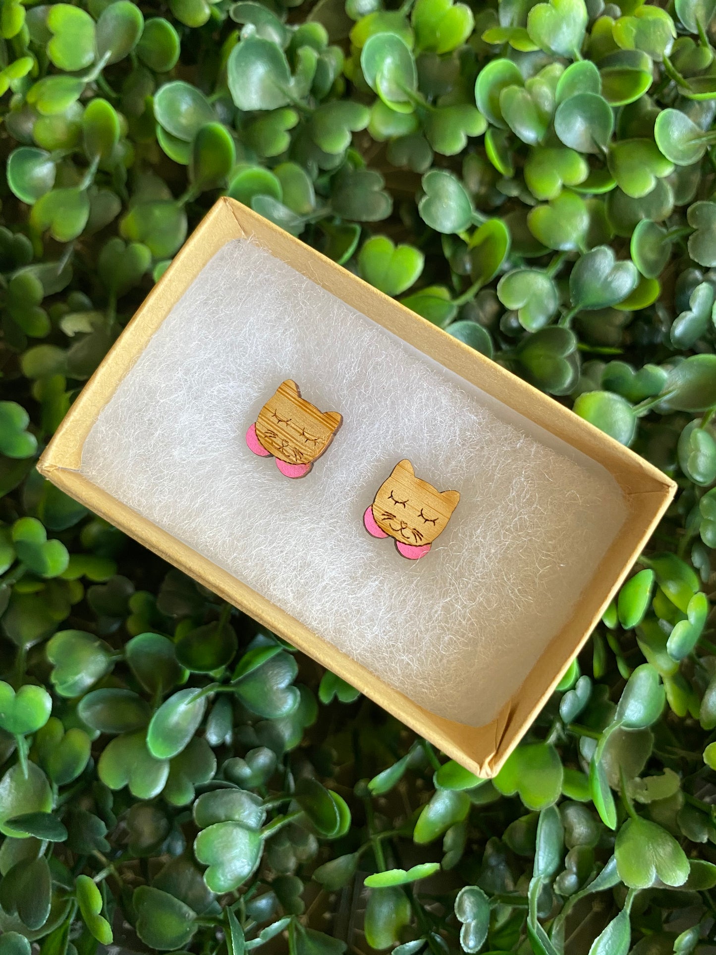 Sleepy Kitty Earrings - Detailed Hand Painted Bamboo Earrings - Available in 2 Stunning Colours.