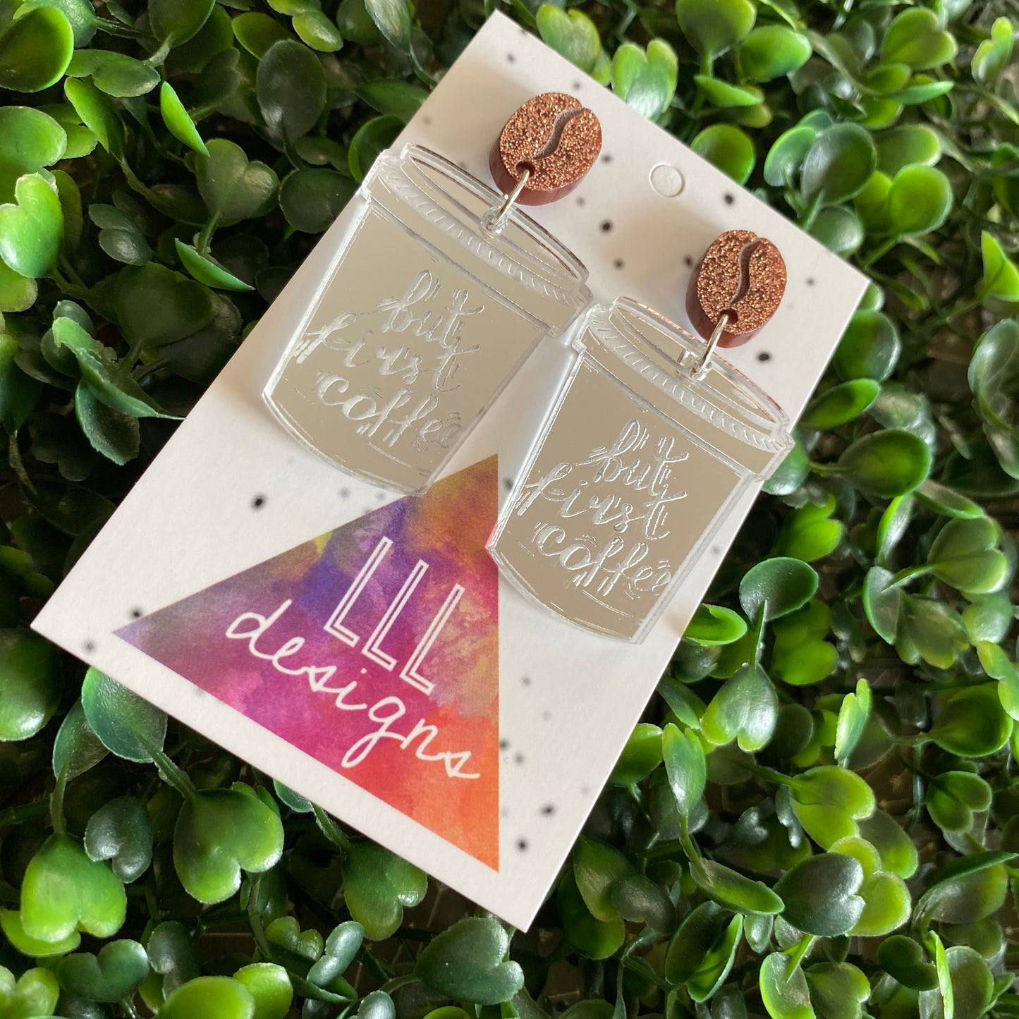 But First Coffee Statement Dangle Earrings Featuring Copper Glitter Coffee Bean Tops to make them POP!