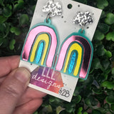 Rainbow Dangle Earrings - Colourful Wonky Acrylic Rainbow Earrings, finished with Glitzy Silver Cloud Tops.