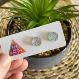 Circle Earrings. Holographic Silver Shatter Circle Stud Earrings.