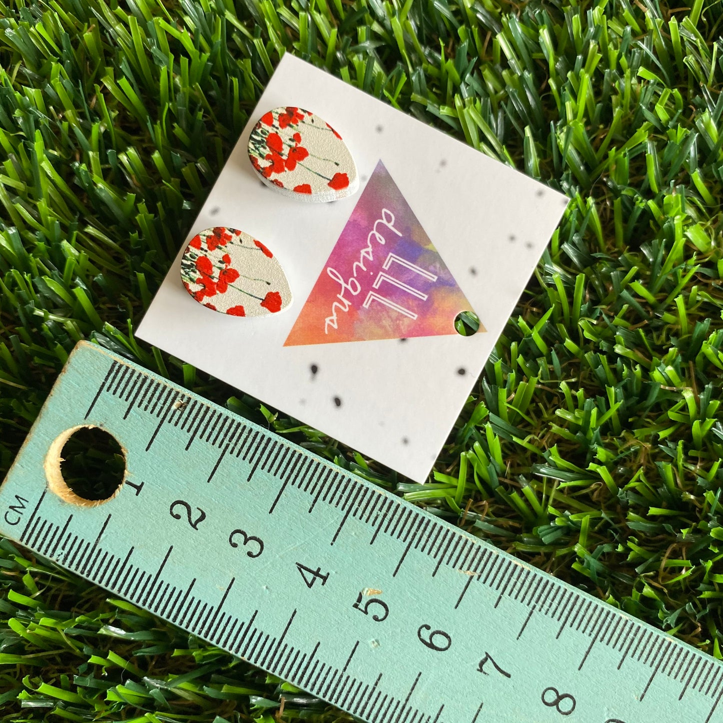 Red Poppy Field - Printed Tear Drop Timber Stud Earrings.