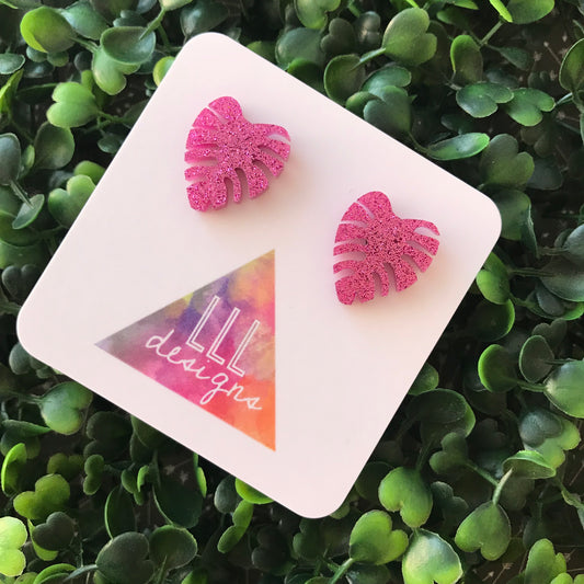 Glitter Pink Monstera Studs - Liven up your lobes!