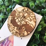 Centre of Canberra Etched Timber Brooch. ACT Australia