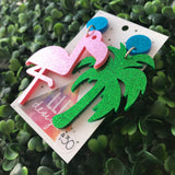 Mega Size Totes Tropical Statement Dangles. A mis-match made in heaven! Flamingo and Palm Tree Awesomeness.