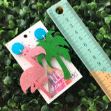 Mega Size Totes Tropical Statement Dangles. A mis-match made in heaven! Flamingo and Palm Tree Awesomeness.