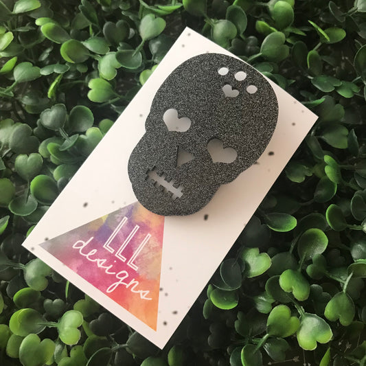 Glitter Black Sugar Skull Brooch. Featuring Love Heart Eyes.