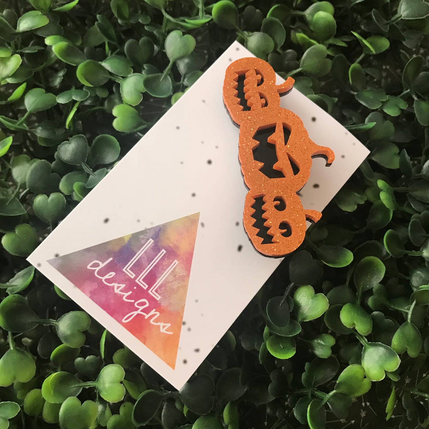 Layered Acrylic Scary Pumpkin Patch Brooch. Made is Vibrant Orange Glitter. Jack O'Lantern Brooch.
