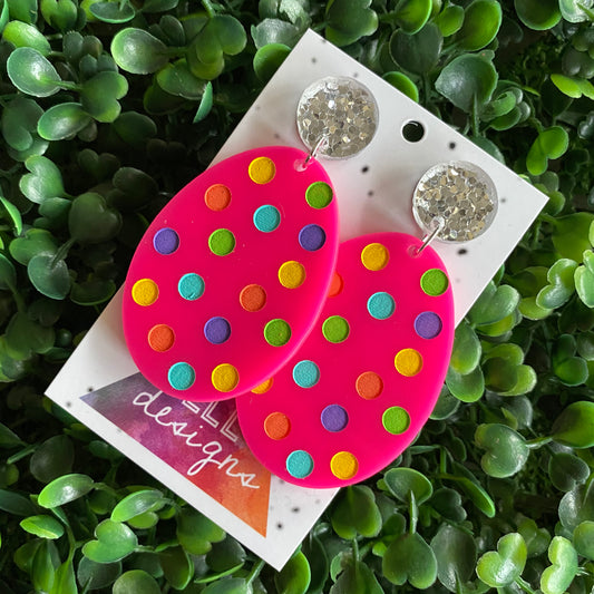 Easter Egg Earrings. Hand Painted Hot Pink Easter Egg Dangle Earrings - Featuring Rainbow Polka Dots with Silver Super Glitz Tops to make them POP! Large Size.
