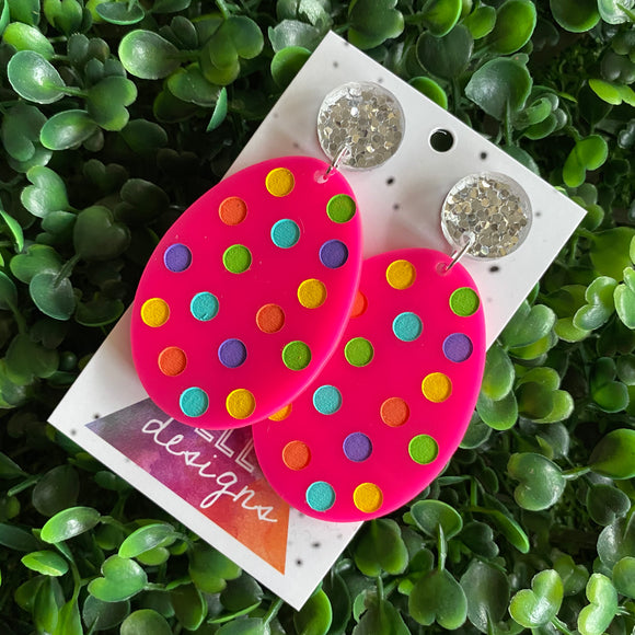Easter Egg Earrings. Hand Painted Hot Pink Easter Egg Dangle Earrings - Featuring Rainbow Polka Dots with Silver Super Glitz Tops to make them POP! Large Size.