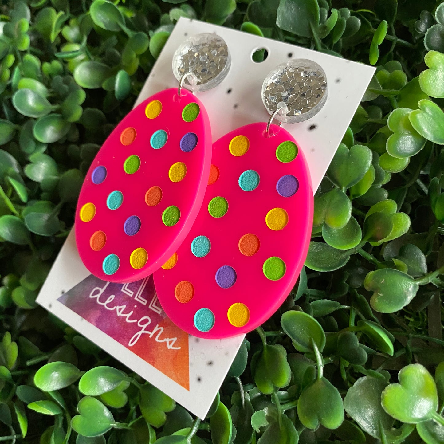 Easter Egg Earrings. Hand Painted Hot Pink Easter Egg Dangle Earrings - Featuring Rainbow Polka Dots with Silver Super Glitz Tops to make them POP! Large Size.