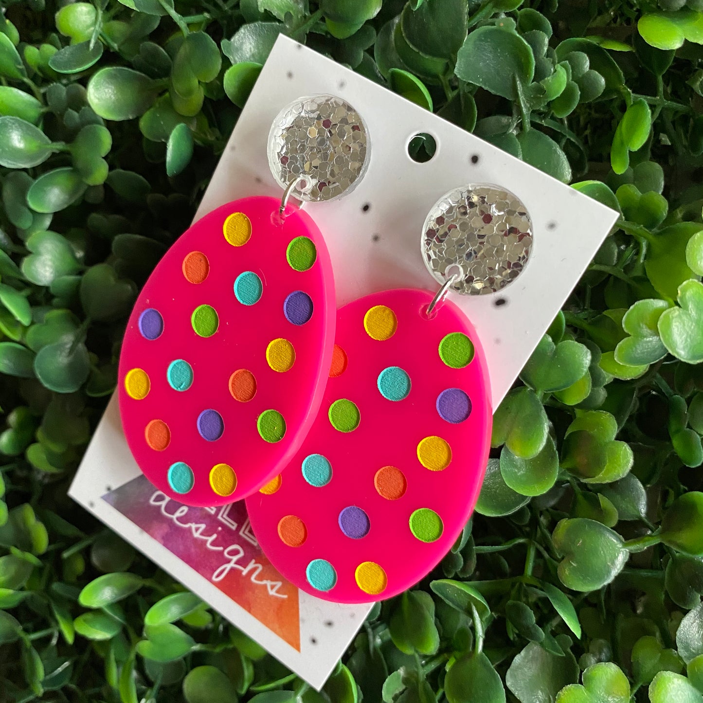 Easter Egg Earrings. Hand Painted Hot Pink Easter Egg Dangle Earrings - Featuring Rainbow Polka Dots with Silver Super Glitz Tops to make them POP! Large Size.