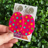 Easter Egg Earrings. Hand Painted Hot Pink Easter Egg Dangle Earrings - Featuring Rainbow Polka Dots with Silver Super Glitz Tops to make them POP! Large Size.