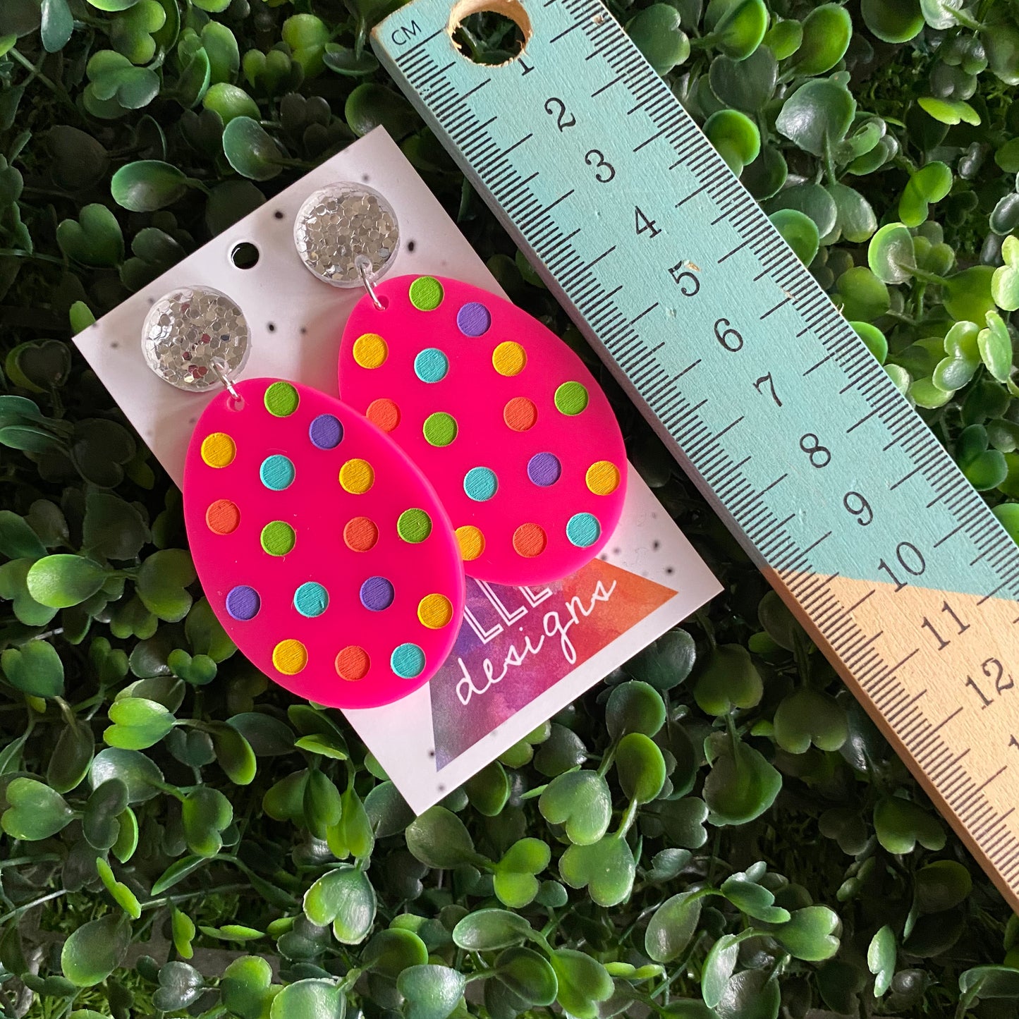 Easter Egg Earrings. Hand Painted Hot Pink Easter Egg Dangle Earrings - Featuring Rainbow Polka Dots with Silver Super Glitz Tops to make them POP! Large Size.
