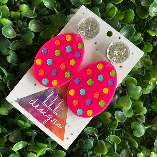 Easter Egg Earrings. Hand Painted Hot Pink Easter Egg Dangle Earrings - Featuring Rainbow Polka Dots with Silver Super Glitz Tops to make them POP! Med Size.