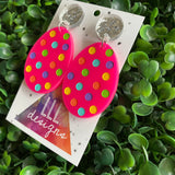 Easter Egg Earrings. Hand Painted Hot Pink Easter Egg Dangle Earrings - Featuring Rainbow Polka Dots with Silver Super Glitz Tops to make them POP! Med Size.