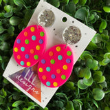 Easter Egg Earrings. Hand Painted Hot Pink Easter Egg Dangle Earrings - Featuring Rainbow Polka Dots with Silver Super Glitz Tops to make them POP! Med Size.