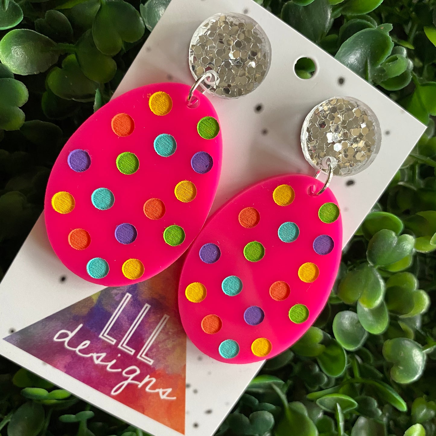 Easter Egg Earrings. Hand Painted Hot Pink Easter Egg Dangle Earrings - Featuring Rainbow Polka Dots with Silver Super Glitz Tops to make them POP! Med Size.