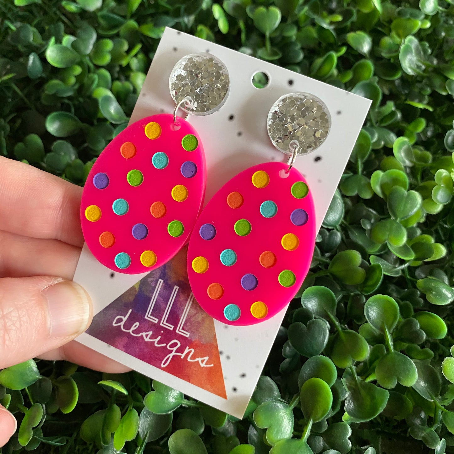 Easter Egg Earrings. Hand Painted Hot Pink Easter Egg Dangle Earrings - Featuring Rainbow Polka Dots with Silver Super Glitz Tops to make them POP! Med Size.