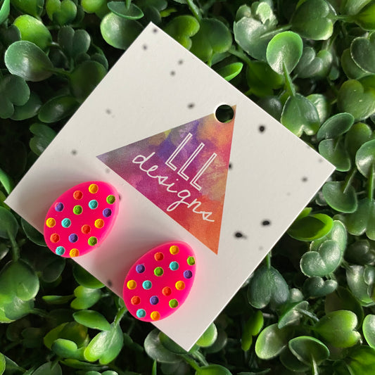 Easter Egg Earrings. Hand Painted Rainbow Polka Dot Easter Egg Studs - These guys are all kinds of great with their Hot Pink Base!