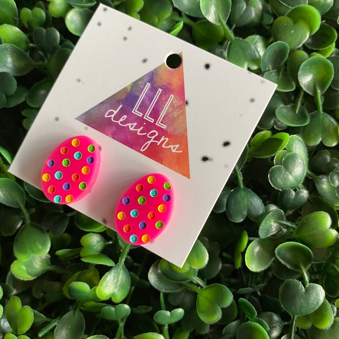Easter Egg Earrings. Hand Painted Rainbow Polka Dot Easter Egg Studs - These guys are all kinds of great with their Hot Pink Base!