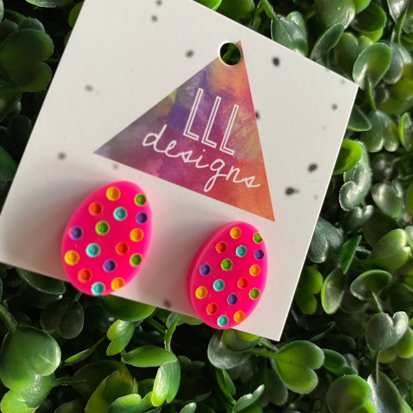 Easter Egg Earrings. Hand Painted Rainbow Polka Dot Easter Egg Studs - These guys are all kinds of great with their Hot Pink Base!